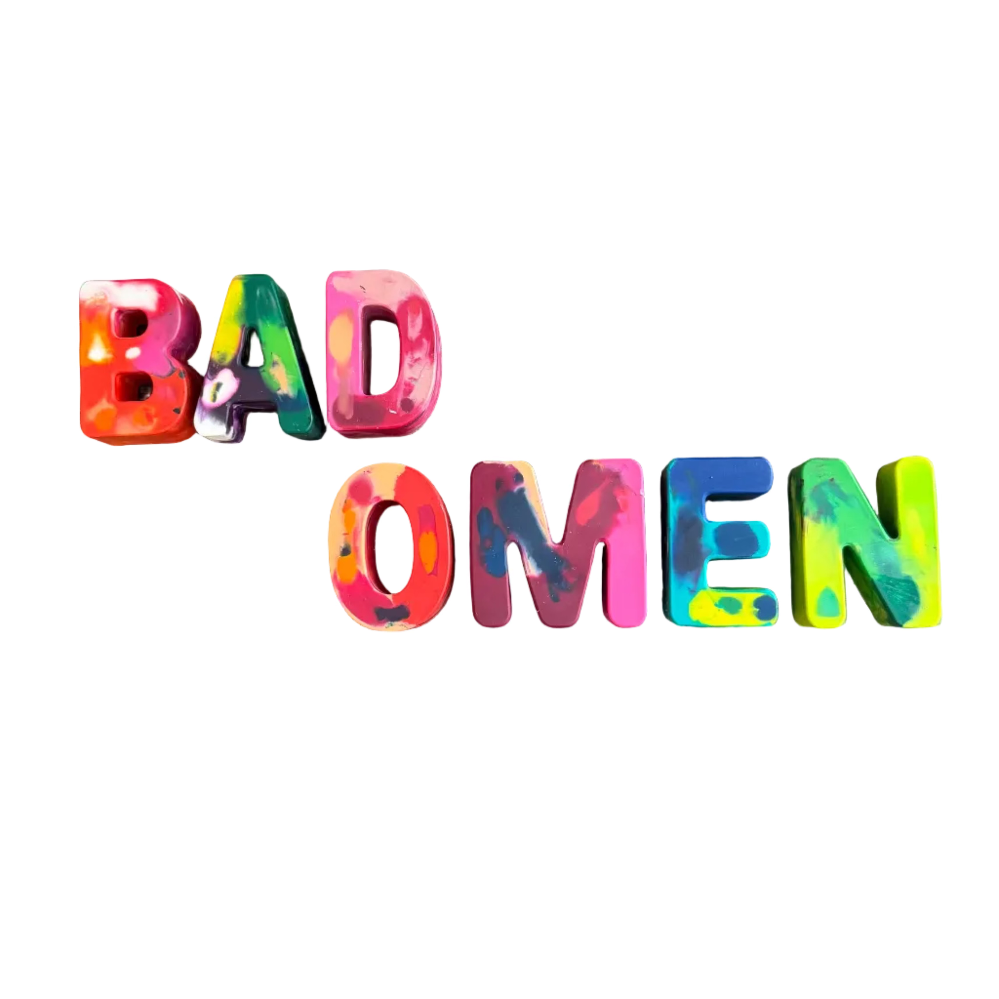 Colorful 3D block letters spelling 'BAD OMEN' on a plain white background.