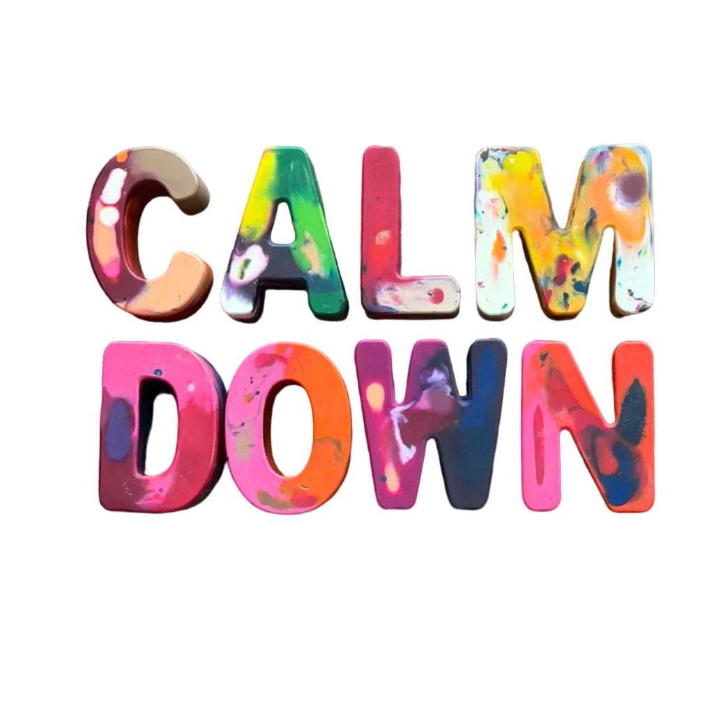 Marbled crayon alphabet letters spelling 'CALM DOWN'