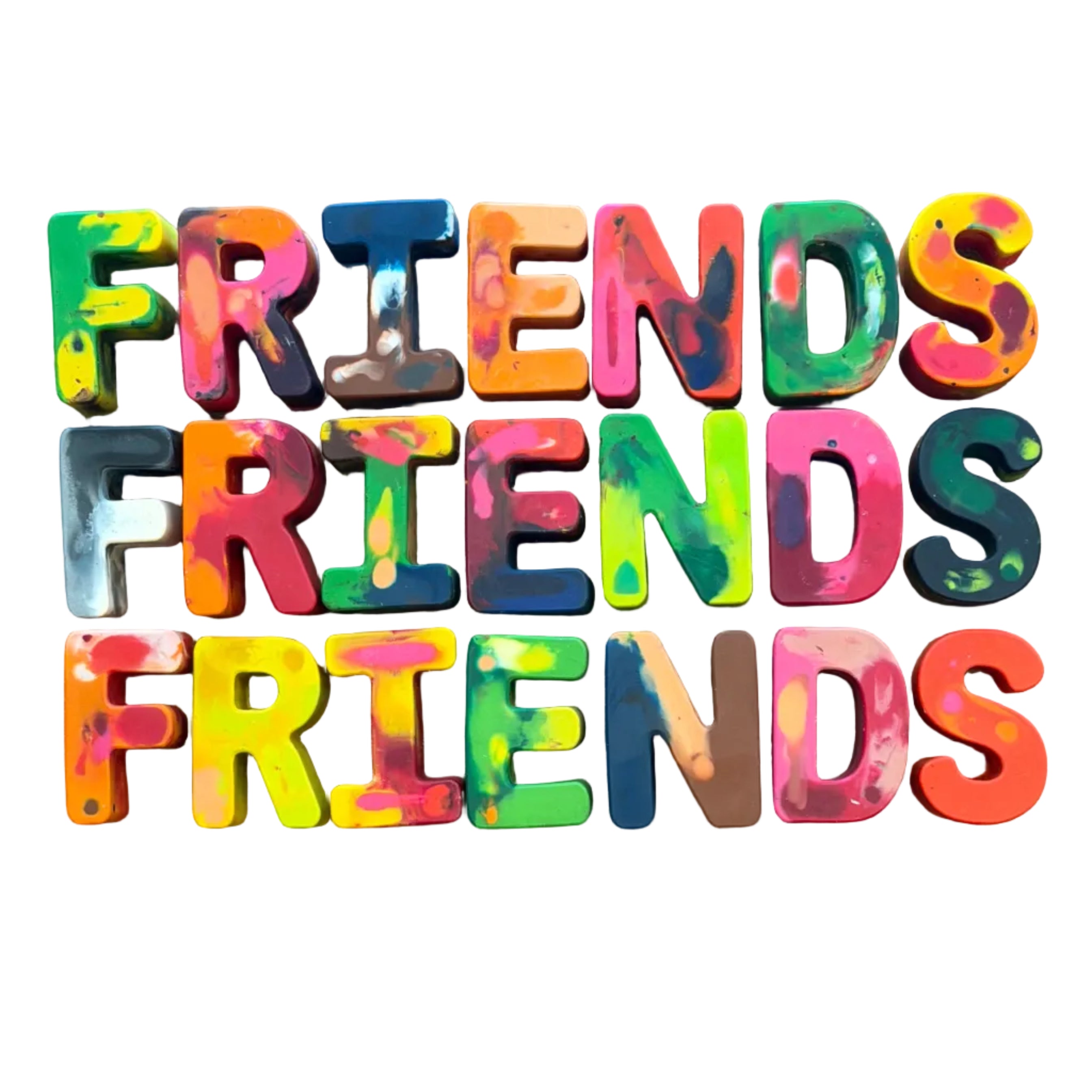 Three rows of colorful crayon letters spell out the word 'FRIENDS' repeatedly, arranged creatively.