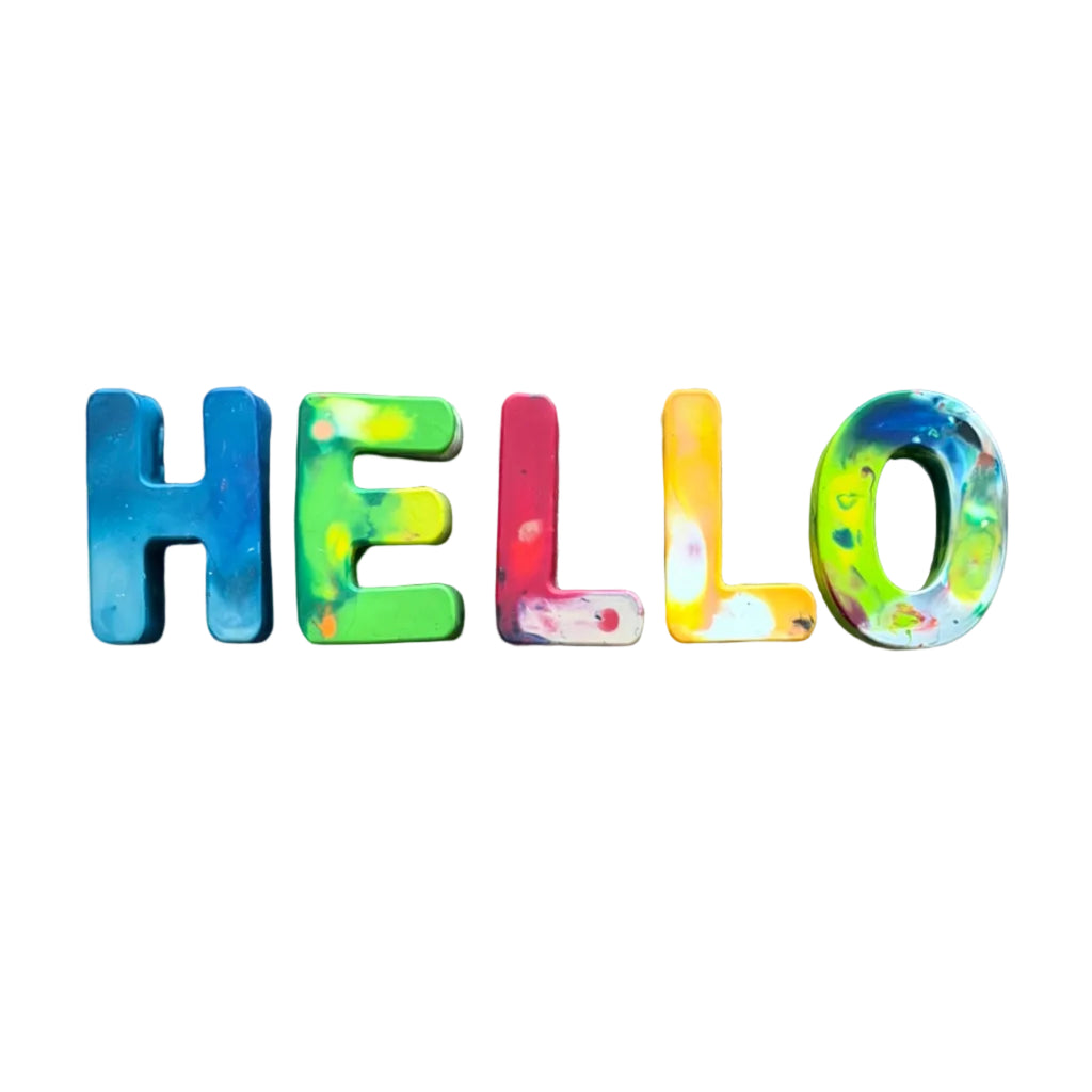 The word 'HELLO' spelled out in colorful, 3D crayons with a marbled paint pattern, set against a plain white background.