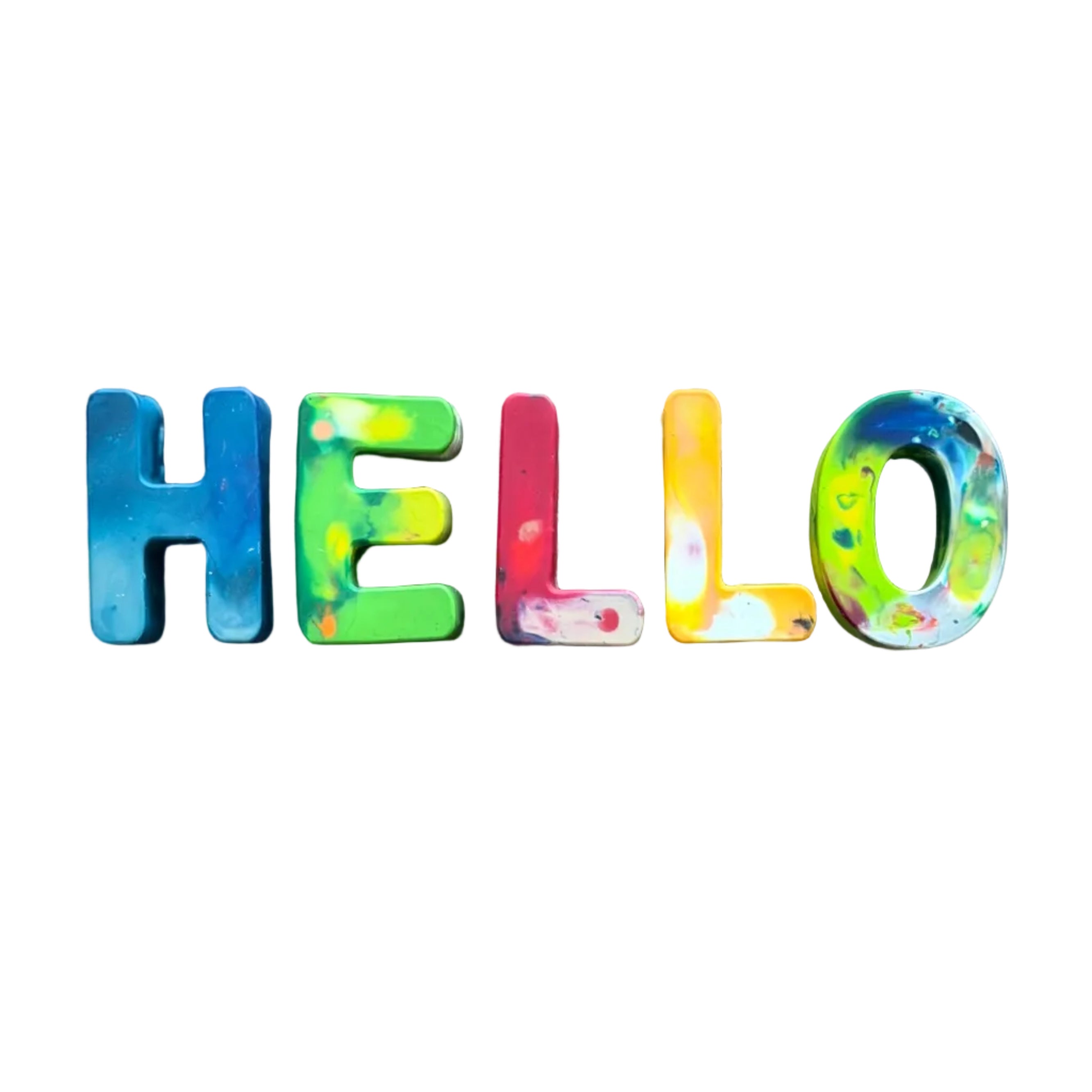 The word 'HELLO' spelled out in colorful, 3D crayons with a marbled paint pattern, set against a plain white background.