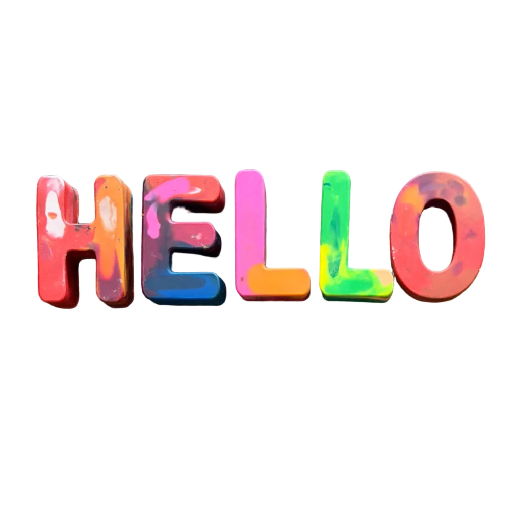 The word 'HELLO' spelled out in large, colorful 3D letters with a marbled paint style pattern, set against a plain white background.
