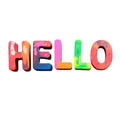 The word 'HELLO' spelled out in large, colorful 3D letters with a marbled paint style pattern, set against a plain white background.